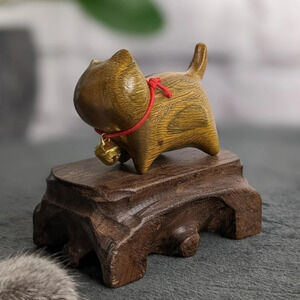 Wooden hand carved kitty cat feline figurine statue